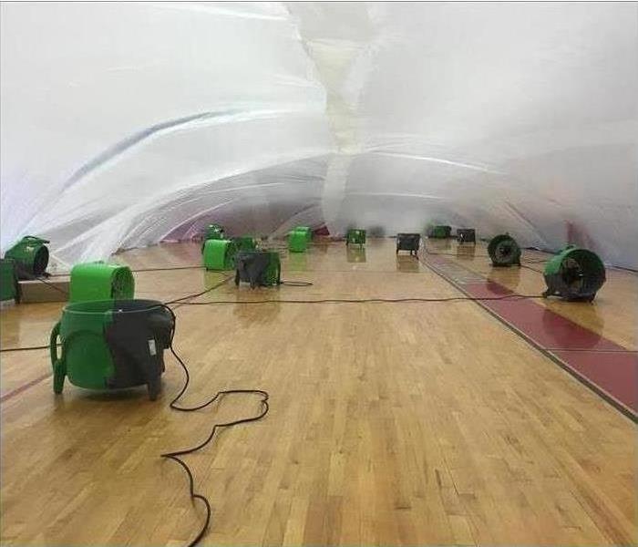 gymnasium floor covered with fans